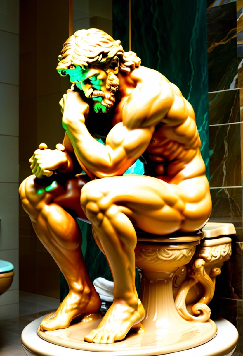 Zeus squatting on a Toilet Seat, art by Auguste Rodin,w00len