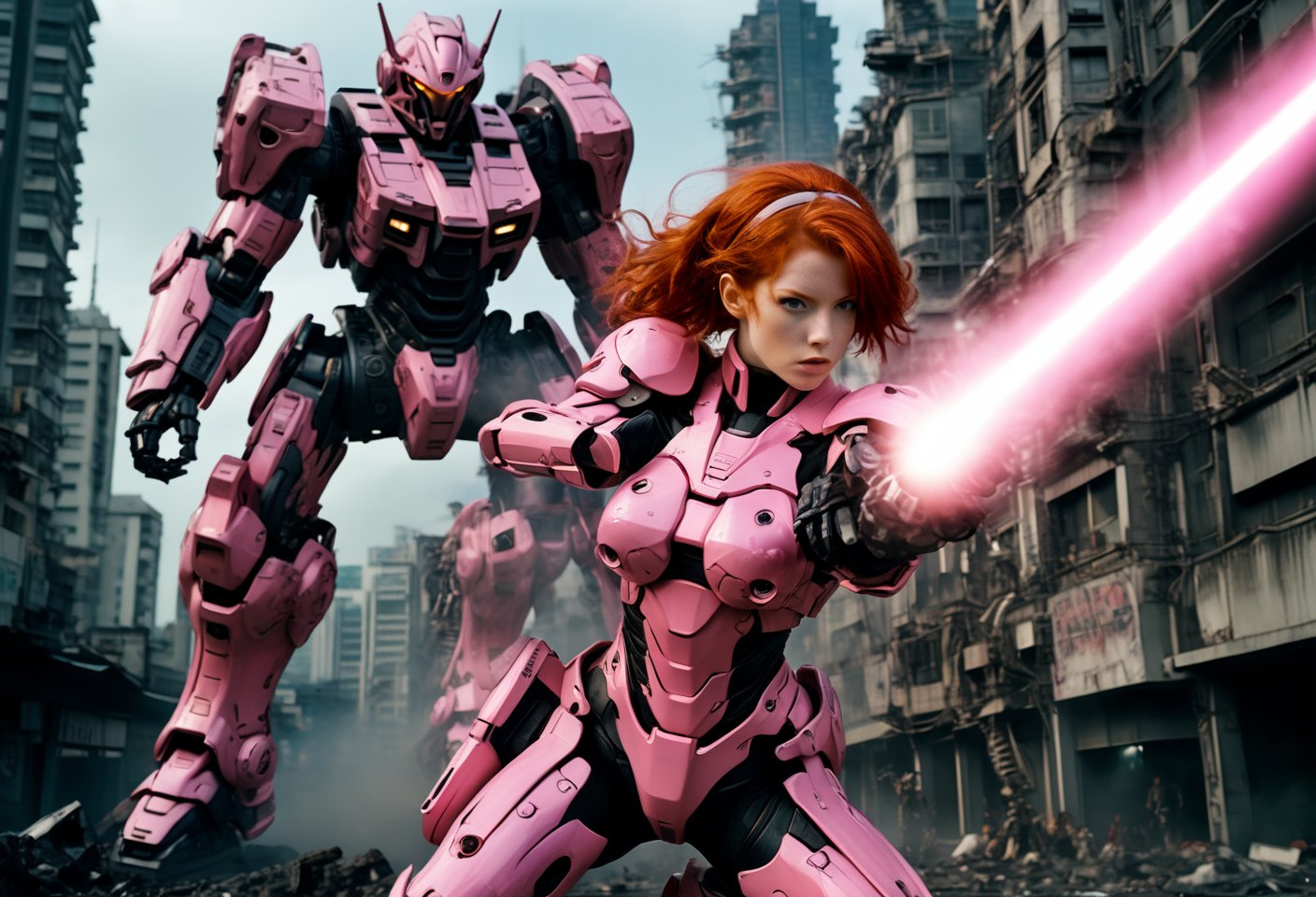  A cinematic film still of a redhead in a pink-powered armor suit, shooting at giant black mecha. The heroine's armor is adorned with intricate designs and a retractable shroud, revealing her determination and strength. The background is a dystopian cityscape, with buildings crumbling and people caught in the crossfire. Style by Masamune Shirow. Canon 5d Mark 4, Kodak Ektar, 35mm 