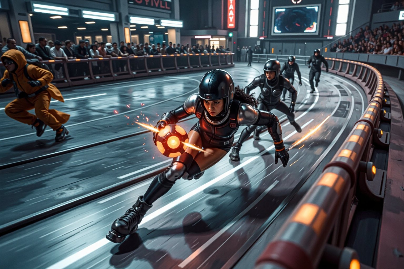 Overhead shot of Battle Angel Alita competing in a high-speed Motorball game, similar to Rollerball. Alita, wearing her iconic sleek cyborg armor and padded helmet, races through the winding rollercoaster like Motorball track on rollerblades, gripping the glowing basketball like gadget in one hand. The arena is a high-tech, metallic environment with neon lights, massive crowds, and a gritty, industrial vibe. In the background, other cybernetic players chase after her, each equipped with various mechanical enhancements designed for speed and combat. Sparks fly from Alita's blades as she speeds around a sharp curve, with the atmosphere of the scene reflecting the intensity, competition, and danger of the Motorball game. The overall aesthetic is bold, dynamic, and futuristic, with a mix of cyberpunk elements and action-packed energy 