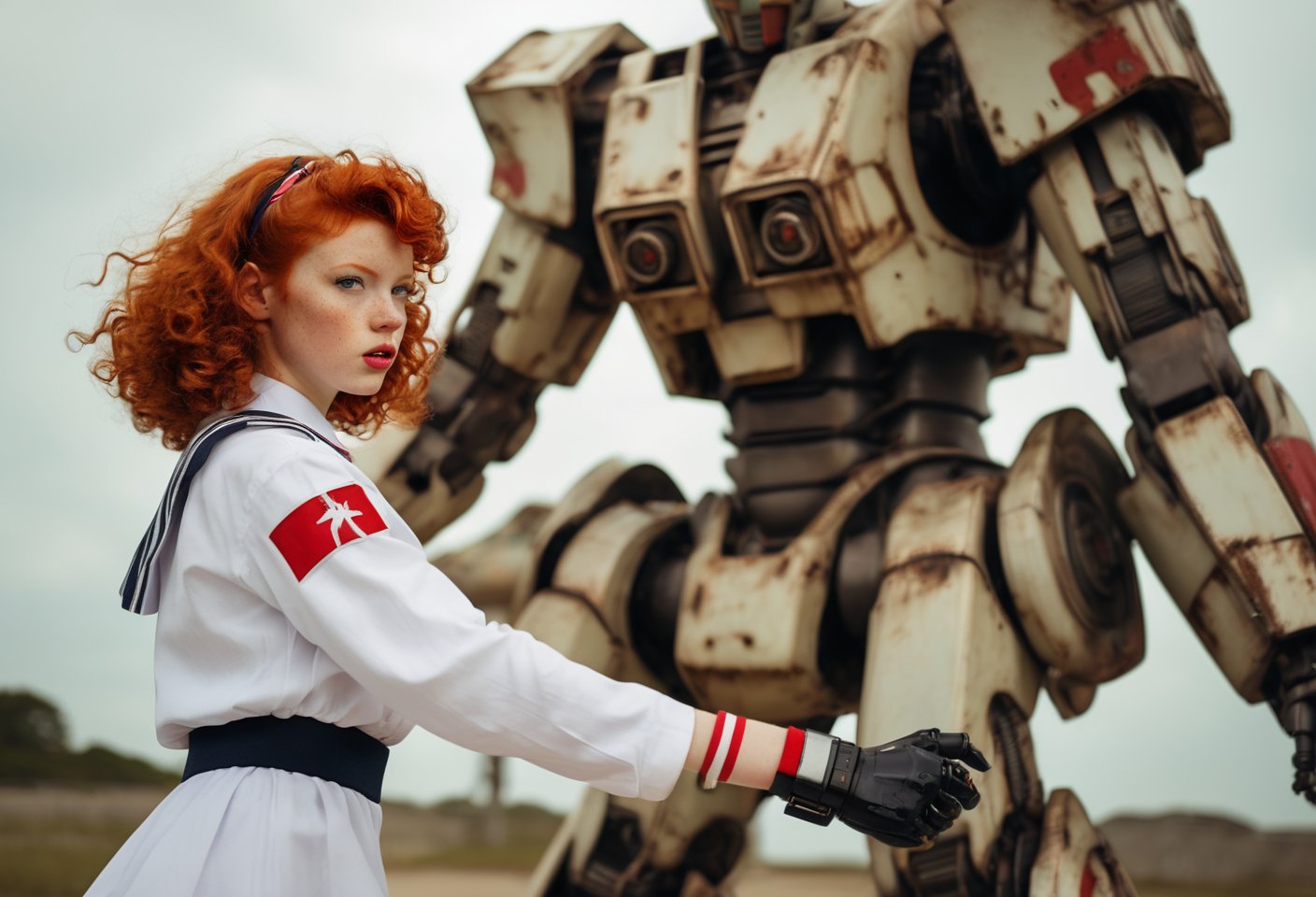 Girl fighting a Giant robot.
BREAK
Dutch Angle. Photo of a redhead woman with wavy perm hair and bang, wearing sailor fuku, red wristbands. fighting a Robot.  style by J.C. Leyendecker. Canon 5d Mark 4, Kodak Ektar, 35mm, raw file