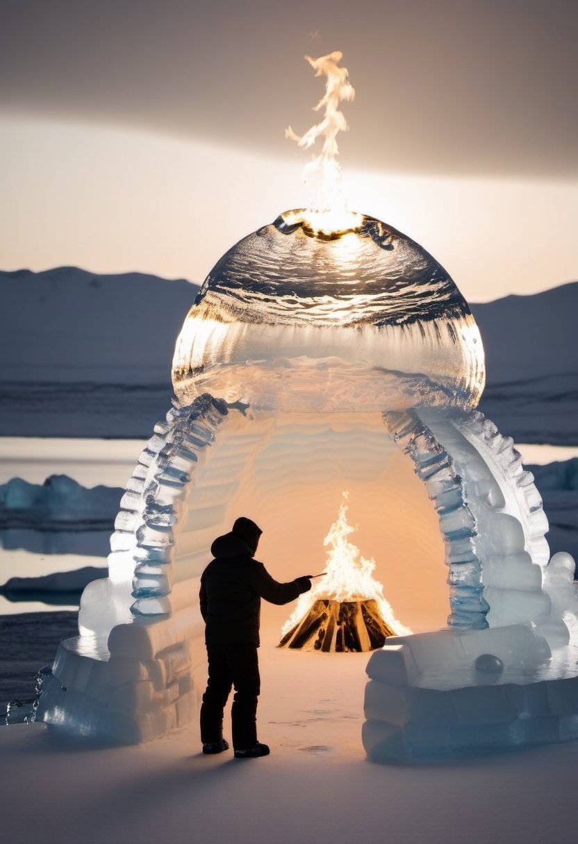 Photo of an inuit looking at a burning Igloo made of water and ice, melting, pool of water on ice,