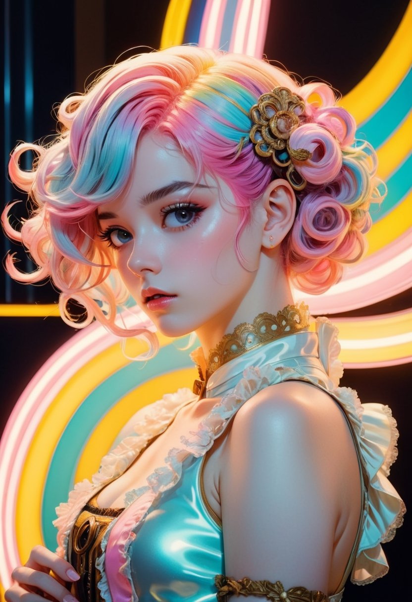 anime_artwork, rococo, grand_photograph, polaroid, annoyed_girl, neon_glowing_hair, canon_5d_mark_4, neon_light, kodak_ektar, flamboyant, pastel_colors, curved_lines, elaborate_detail, rococo, art by j.c. leyendecker