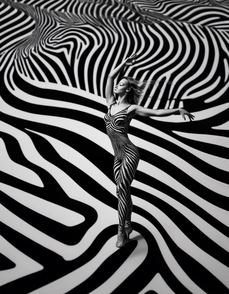B & W optical illusion of a dancer embedded within a pattern of thick zebra lines by NowhereManGo on Tensor.Art
