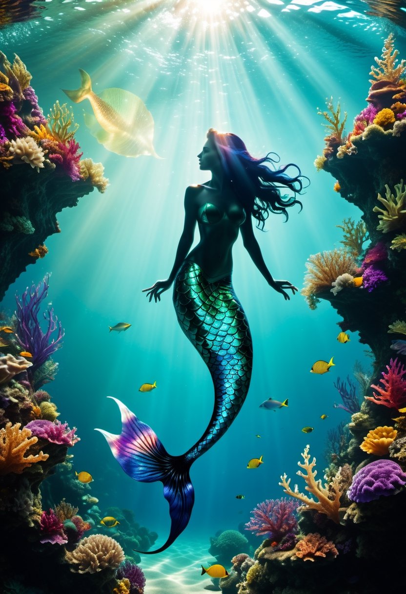 cinematic photo thin,  fine fractal glossy vivid colored ink sketch shiny contours outlines of a mermaid silhouette . 35mm...