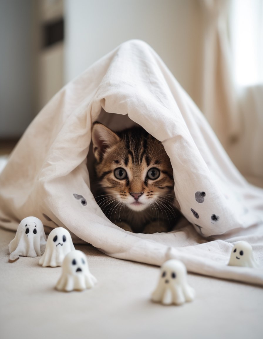 A tabby kitten playing hide and seek with cute little ghosts,  hidding under bedsheet by NowhereManGo on Tensor.Art