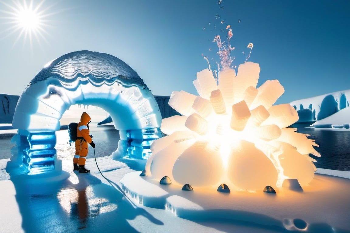 Photo of an inuit looking at a burning Igloo made of water and ice, melting, pool of water on ice,