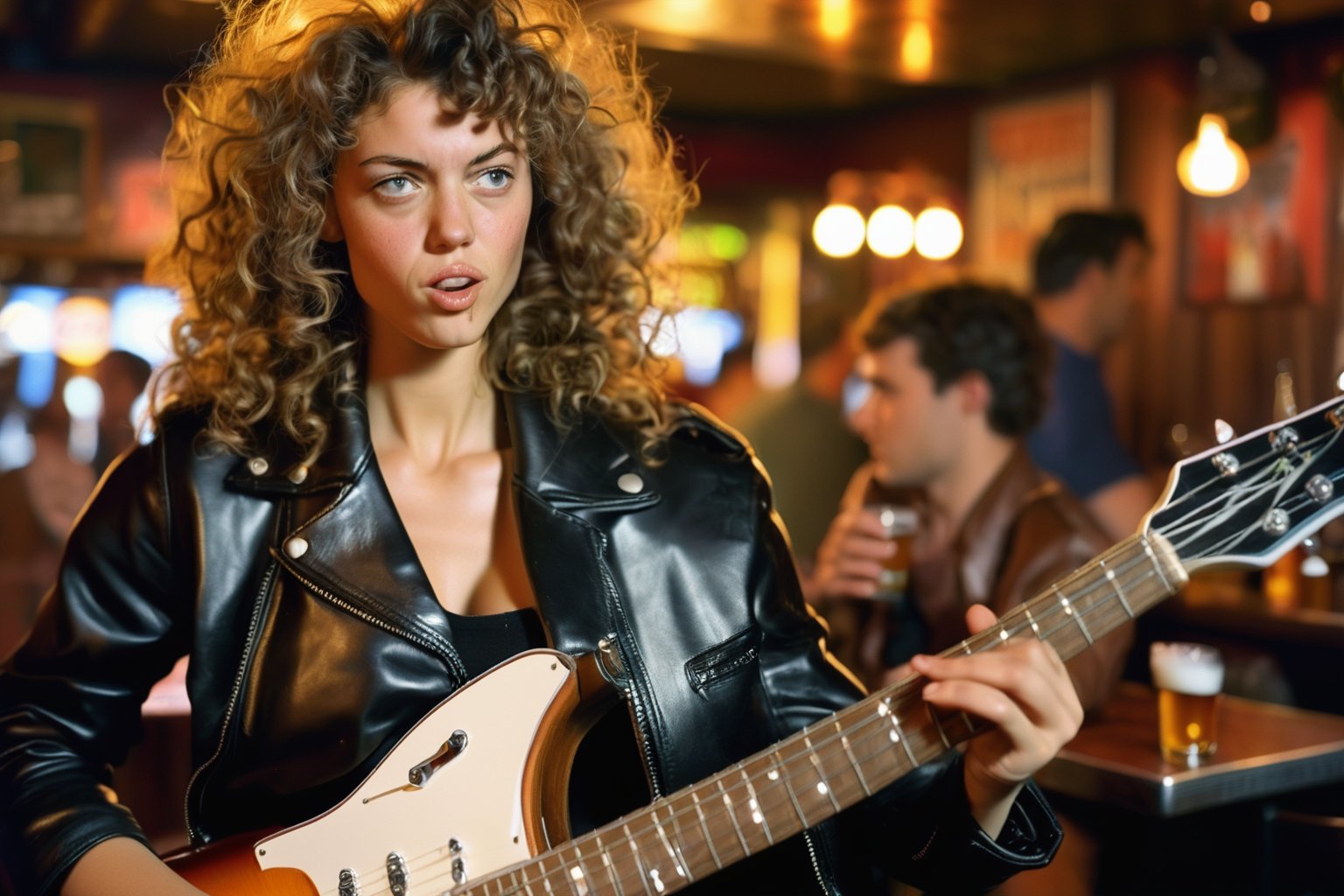 Dutch Angle. Closeup Photo of a caucasian woman with curly hair, leather jacket and mini skirt playing guitar in a bar. Background is a man drinking beer. Style by J.C. Leyendecker. Canon 5d Mark 4, Kodak Ektar, 35mm 