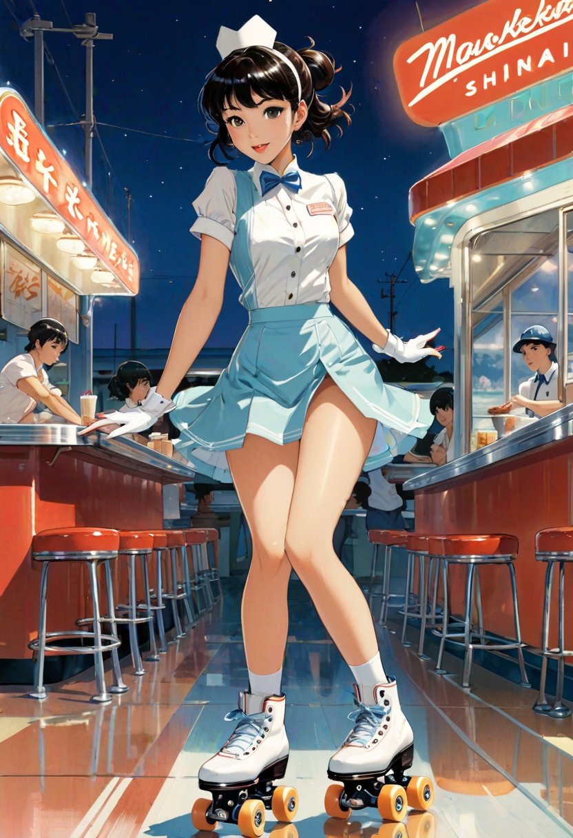 Anime art,  Asian waitress,  roller skating by NowhereManGo on Tensor.Art