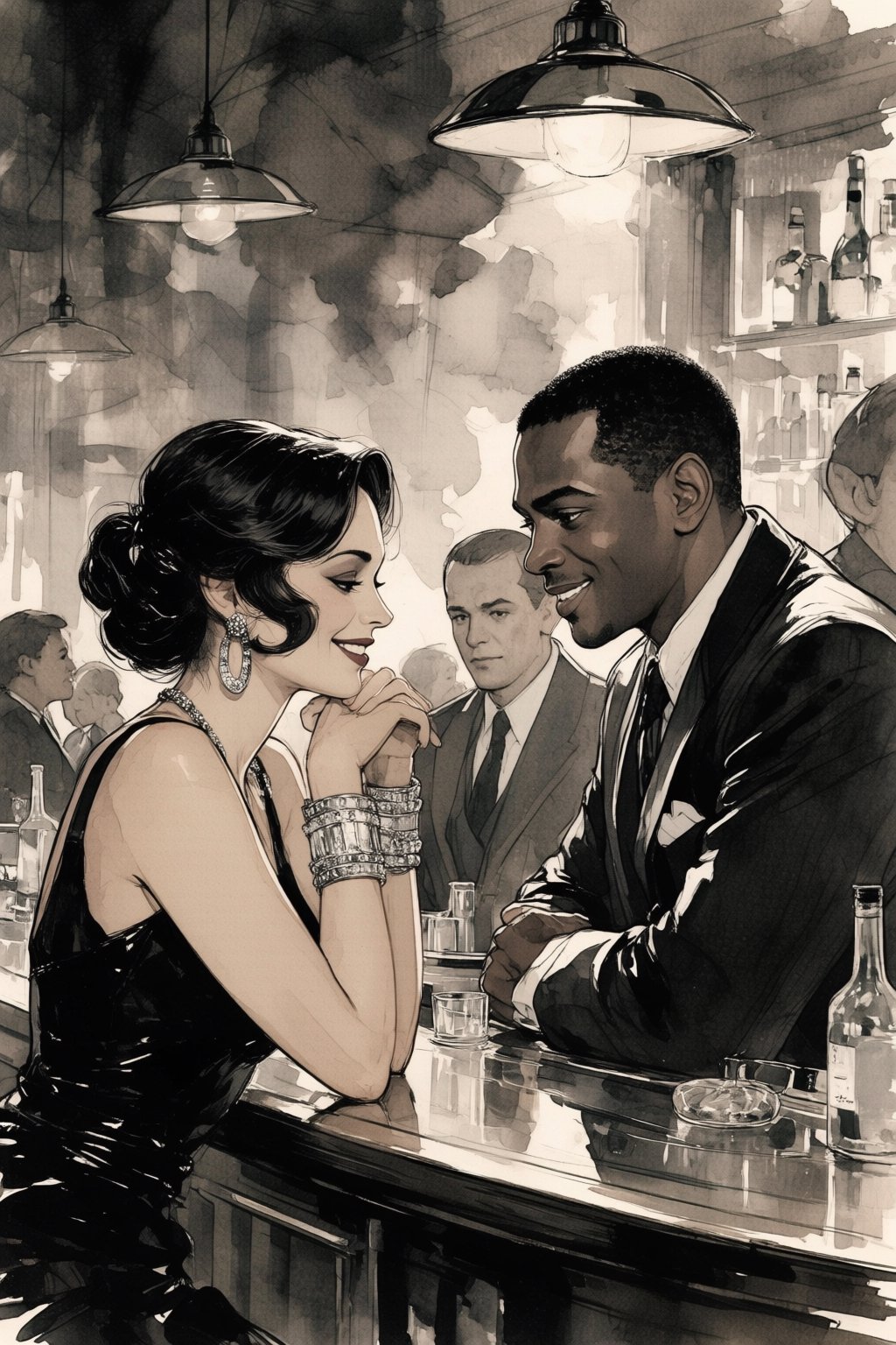 nijiwatercolor1q watercolor illustration. Black-and-white film still capturing an intimate conversation between a man and...