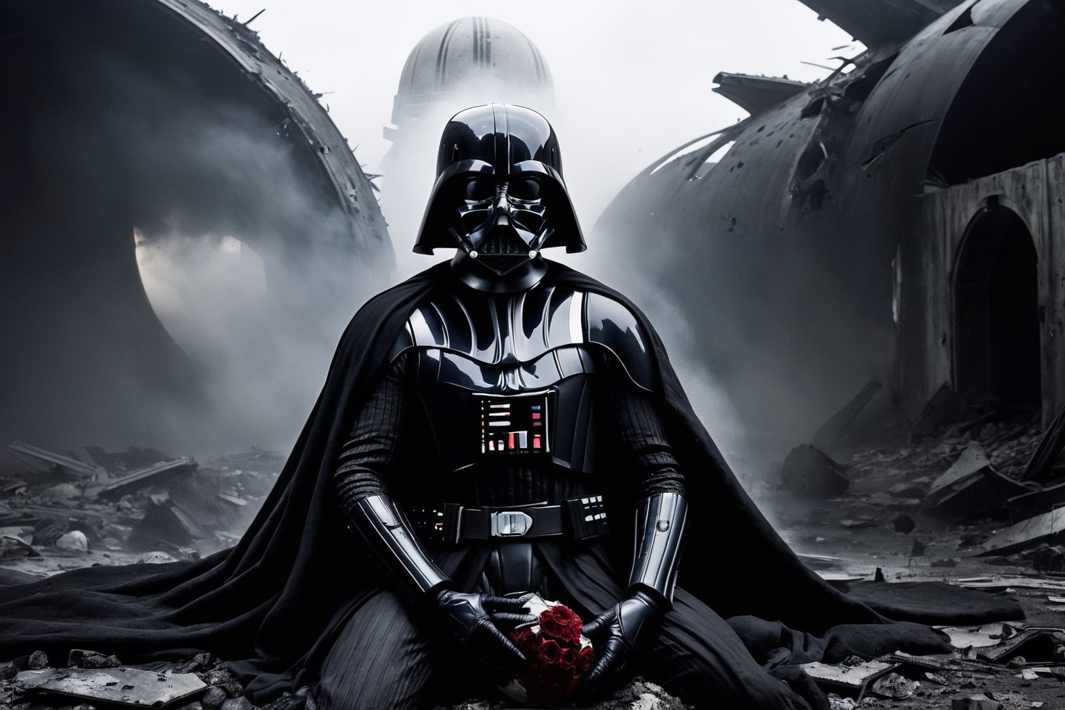 A somber and haunting scene of Darth Vader,  his helmet downcast,  slumped over the lifeless body of a stormtrooper. He si...