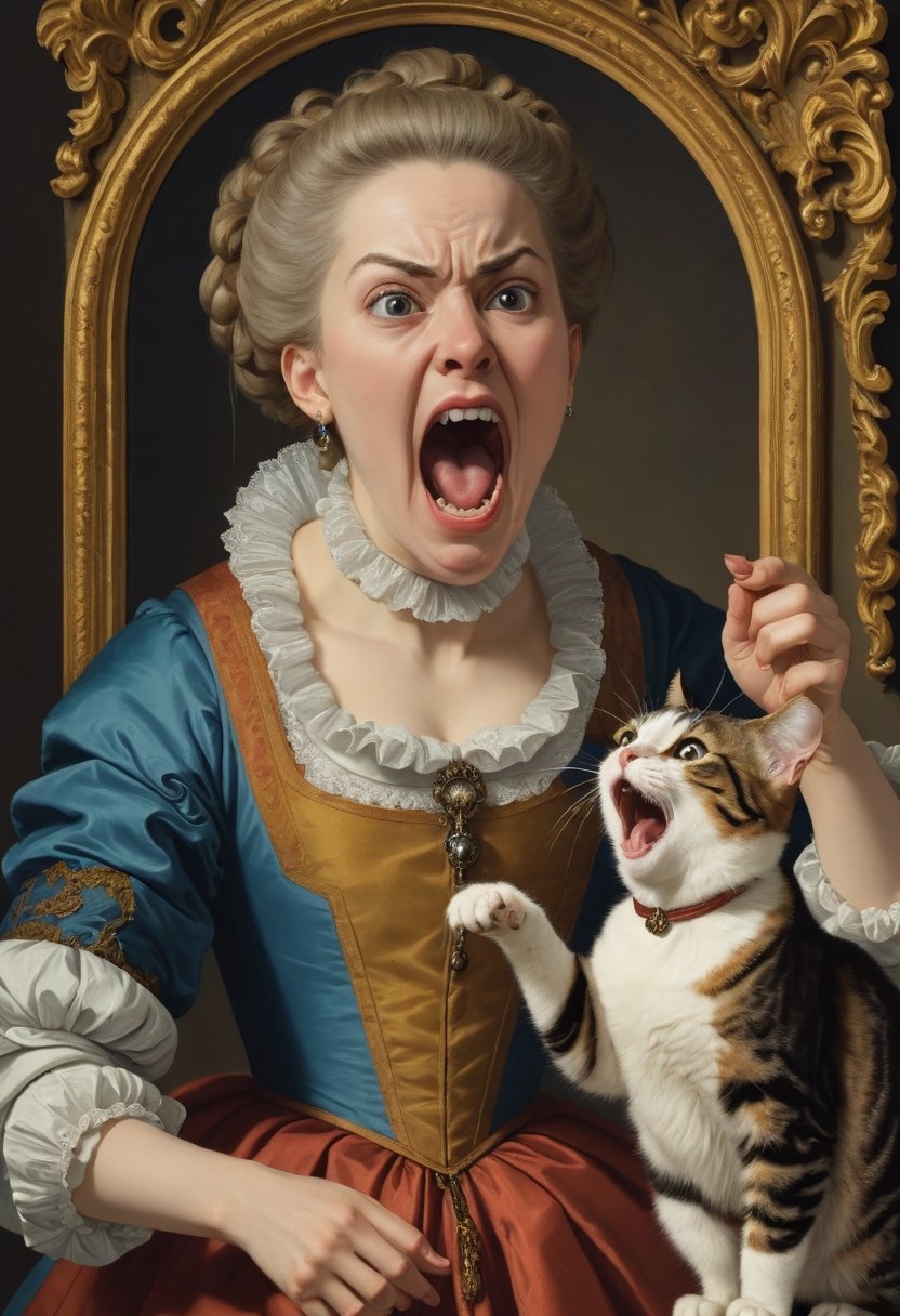 Woman yelling at cat, baroque art