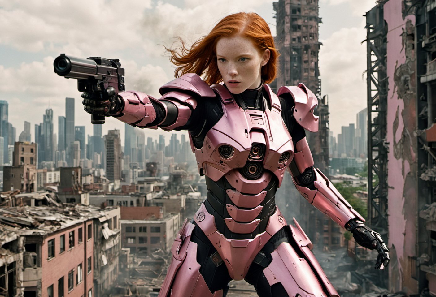  A cinematic film still of a redhead in a pink-powered armor suit, shooting at giant black mecha. The heroine's armor is adorned with intricate designs and a retractable shroud, revealing her determination and strength. The background is a dystopian cityscape, with buildings crumbling and people caught in the crossfire. Style by J.C. Leyendecker. Canon 5d Mark 4, Kodak Ektar, 35mm 