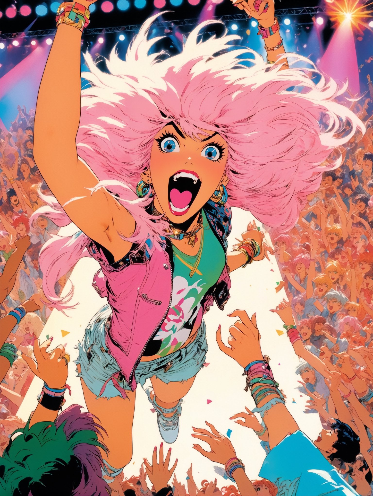 Anime artwork. photo shot from ground of Jem and the Holograms,  Mic on her hand. The stage is surrounded by wild,  excite...