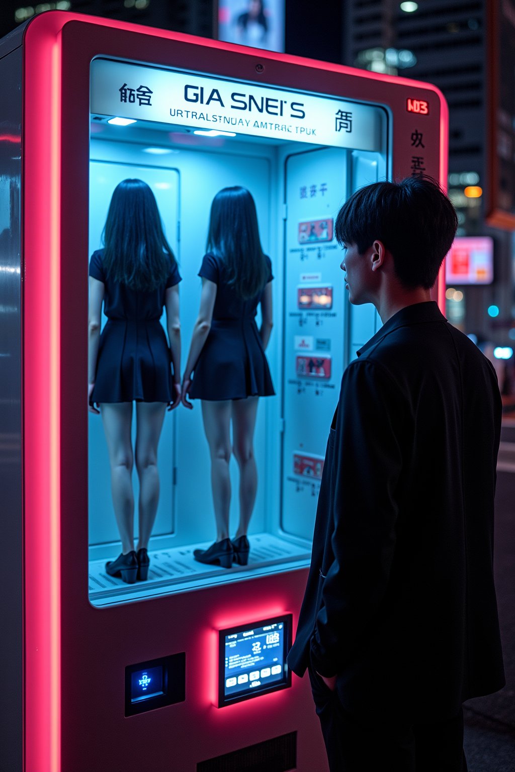 Photo of a man looking at a futuristic, high-tech vending machine in a neon-lit city, selling Japanese women as companions. All these women have long black hair, wearing a black little dress standing inside one of the vending machine's display compartments. The machine features glowing buttons, digital price tags, and a holographic interface. Bright neon lights reflect off the glass, creating a provocative, dystopian atmosphere. High contrast, cinematic lighting, cyberpunk aesthetics, close-up view, vibrant neon colors.
