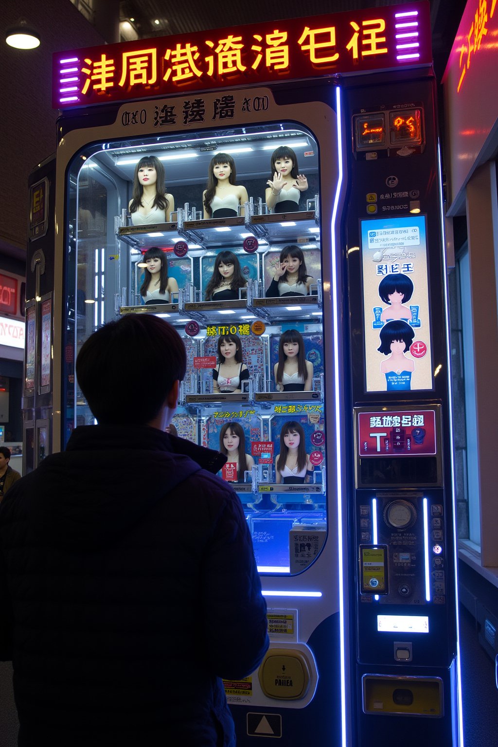 Photo of a man looking at a futuristic, high-tech vending machine in a neon-lit city, selling young Japanese women as companions. All these women have long black hair, wearing a black little dress standing inside one of the vending machine's display compartments. The machine features glowing buttons, digital price tags, and a holographic interface. Bright neon lights reflect off the glass, creating a provocative, dystopian atmosphere. High contrast, cinematic lighting, cyberpunk aesthetics, close-up view, vibrant neon colors.
