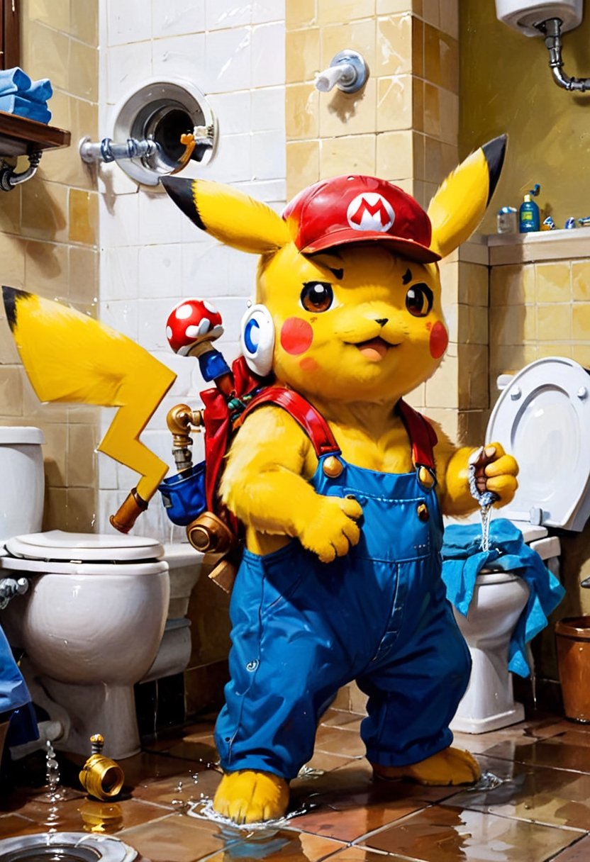 Oil painting of Pikachu dressed as Super mario,  working as a plumber in the bathroom by NowhereManGo on Tensor.Art