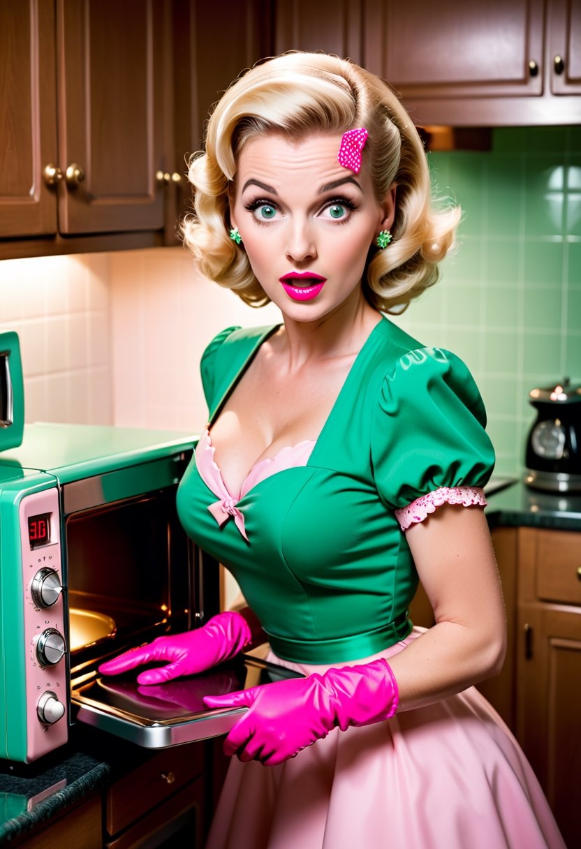 Photo shoot of a blonde housewife,  wearing pink gloves,  green dresses by NowhereManGo on Tensor.Art