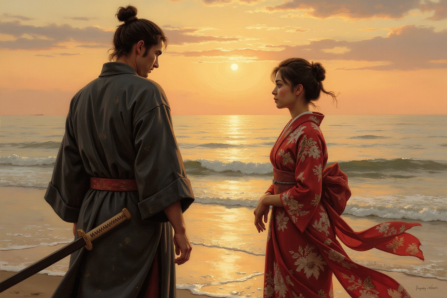 oil painting. A deeply emotional and dramatic scene between a ronin and his girlfriend at a seaside, set during their final goodbye. The ronin, dressed in worn-out traditional samurai robes, stands solemnly with his hand resting on the hilt of his katana. His girlfriend, wearing a flowing kimono, stands far apart from him, her expression filled with sorrow and longing. They are gazing intensely at each other, the distance between them symbolizing the emotional rift as they say their farewells. The backdrop is a serene, yet melancholic, seaside with waves gently lapping at the shore, and the setting sun casting long shadows and a golden glow over the scene. The sky is painted with hues of orange and pink, adding to the bittersweet atmosphere. The overall composition captures the profound emotion of separation and unspoken love.