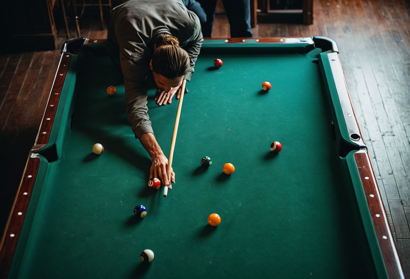 Overhead shot. Closeup photo of a happy couple shooting pool at a local bar. Canon 5d Mark 4, Kodak Ektar, 35mm. Fine art photography, iconic, dynamic angle, dynamic pose, macro, photograph, sharp, focussed, Lomography Color 100, F/14, World-renowned, (designed by Olivier Valsecchi:1.2), beautiful detailed supreme quality color intricate, extremely stylish, deep aesthetic, sharp focus, magnificent, dynamic dramatic composition