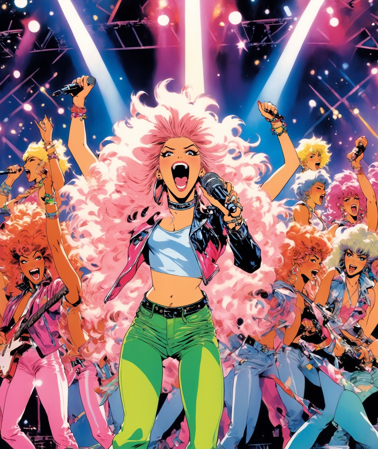 Anime artwork. Full body photo of Jem and the Holograms,  performing on high on stage,  shot from below. Jem holds Mic on...
