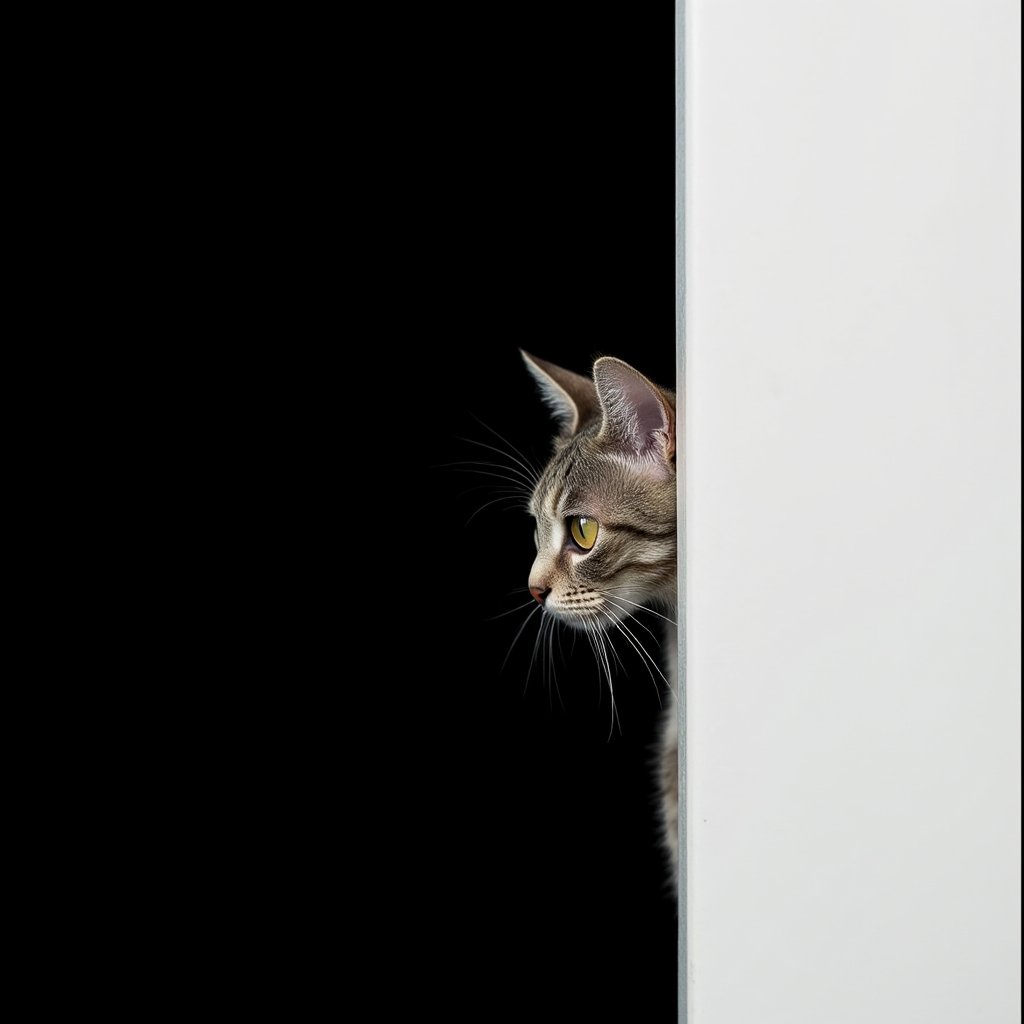 Photography. A sleek profile of a curious cat peeks out from behind a stark white wall, its delicate whiskers twitching in the air. The background is completely black, creating a strong contrast that highlights the subtle textures of the cat's fur and the sharpness of its gaze. Only half of the cat's face is visible, with one eye intensely focused forward, shining brightly against the darkness. The simplicity of the composition draws all attention to the cat's inquisitive expression, creating an atmosphere of quiet mystery and curiosity.