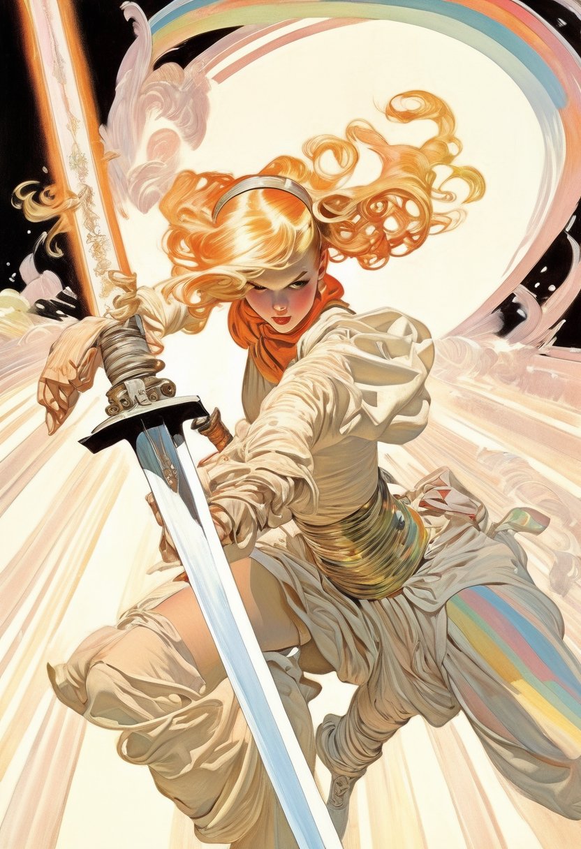 Anime artwork. Girl pull a giant sword from the ground, rainbow-colored energy swirling around her, art by J.C. Leyendecker