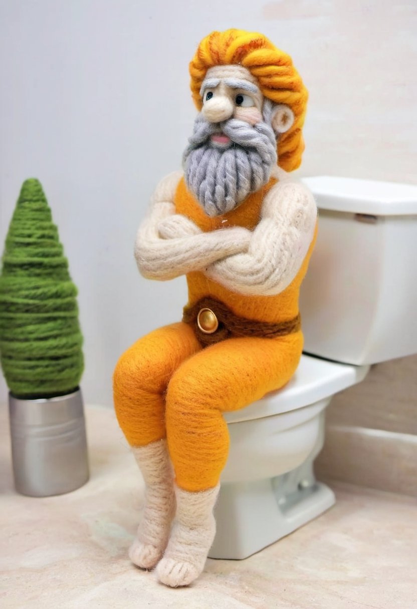 Sculpture of Zeus made of wool, squatting on a Toilet Seat,w00len