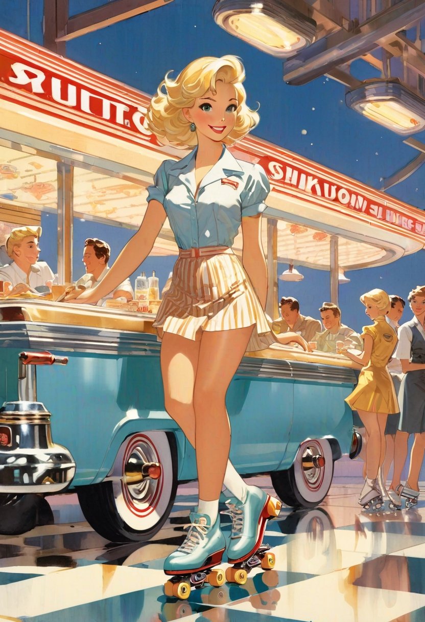 Blonde Waitress,  roller skating,  drive-in diner by NowhereManGo on Tensor.Art