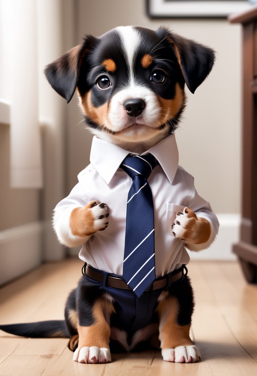 A puppy,  its paws on neck,  adjusting tie by NowhereManGo on Tensor.Art