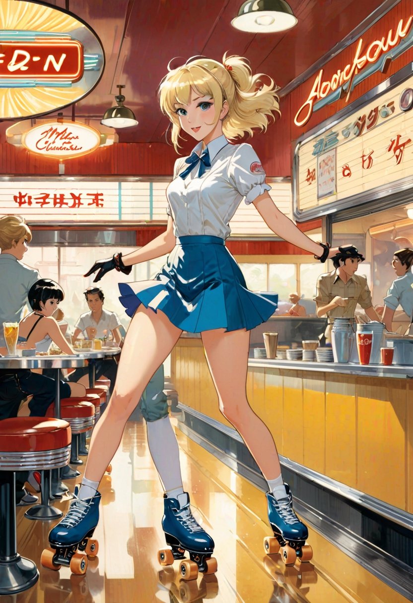 Anime art,  Blonde Waitress,  roller skating by NowhereManGo on Tensor.Art