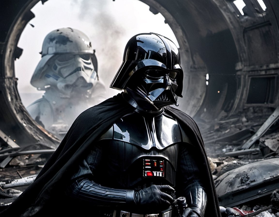 A somber and haunting scene of Darth Vader,  his helmet downcast,  slumped over the lifeless body of a stormtrooper. He si...