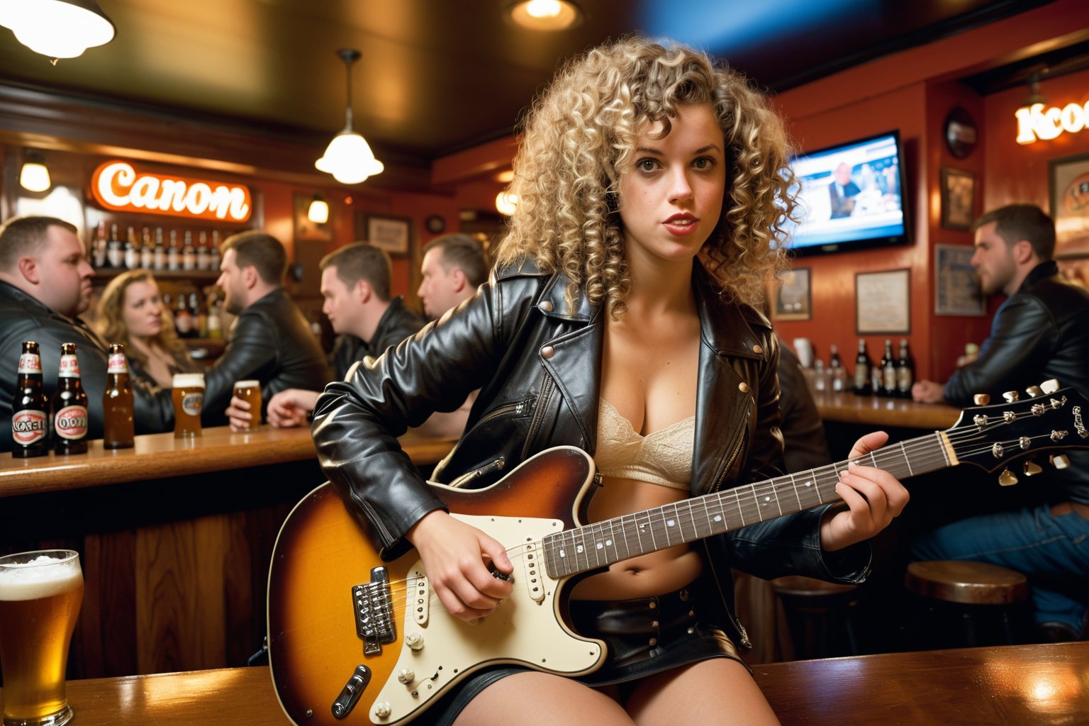 Dutch Angle. Closeup Photo of a caucasian woman with curly hair, leather jacket and mini skirt playing guitar in a bar. Background is a fat man drinking beer. Style by J.C. Leyendecker. Canon 5d Mark 4, Kodak Ektar, 35mm 