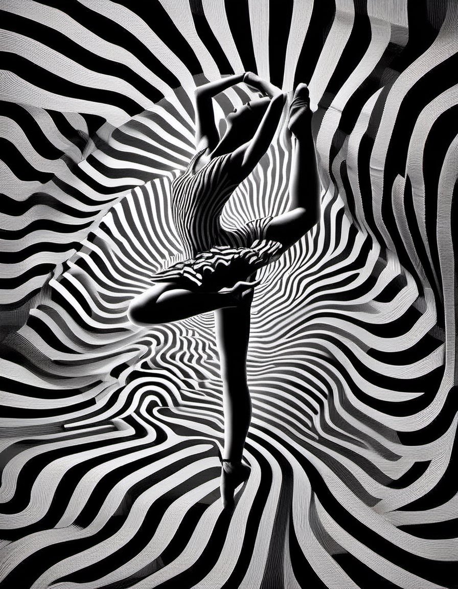 B & W optical illusion of a dancer embedded within a pattern of thick zebra lines by NowhereManGo on Tensor.Art