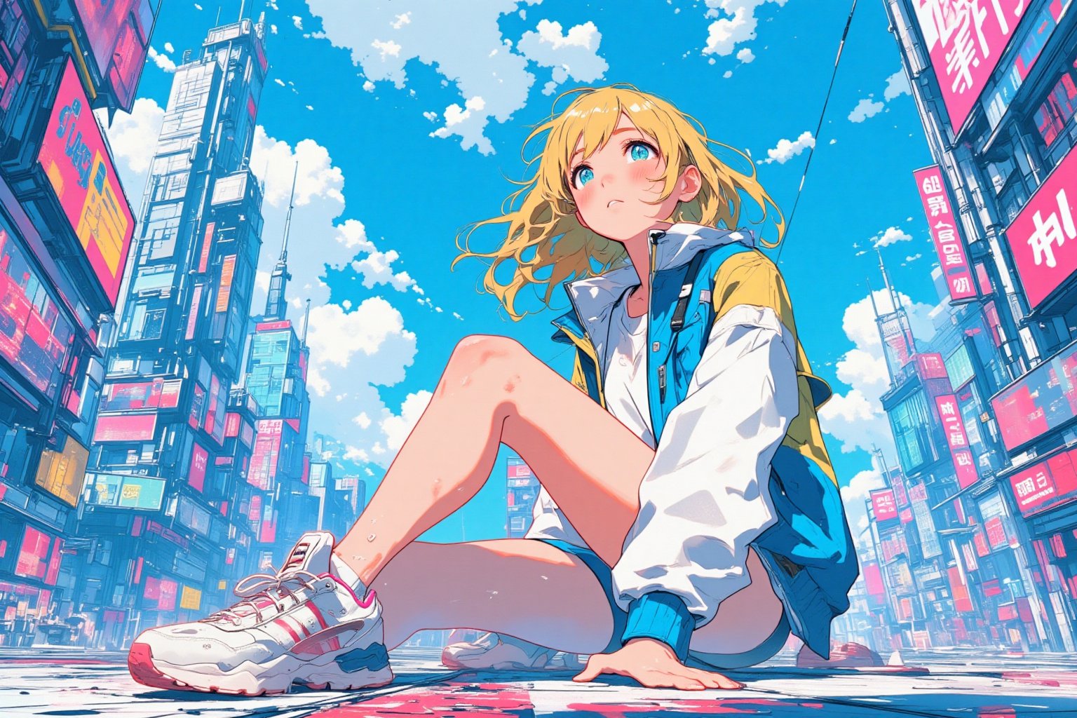 Sketch painting. lyh_niji. anime style. 1girl. A vibrant anime-style illustration of a young blonde woman sitting on the ground in a futuristic cityscape. She wears a blue and white windbreaker and white sneakers with pink accents. Her wide blue eyes are filled with wonder, and her cheeks are flushed, suggesting excitement or surprise. The wind gently tousles her hair as futuristic skyscrapers and neon signs fill the background, all under a bright blue sky with fluffy clouds. The setting conveys a sense of adventure in a modern, high-tech urban environment, with bold, clean lines and pastel colors adding a soft yet dynamic feel.