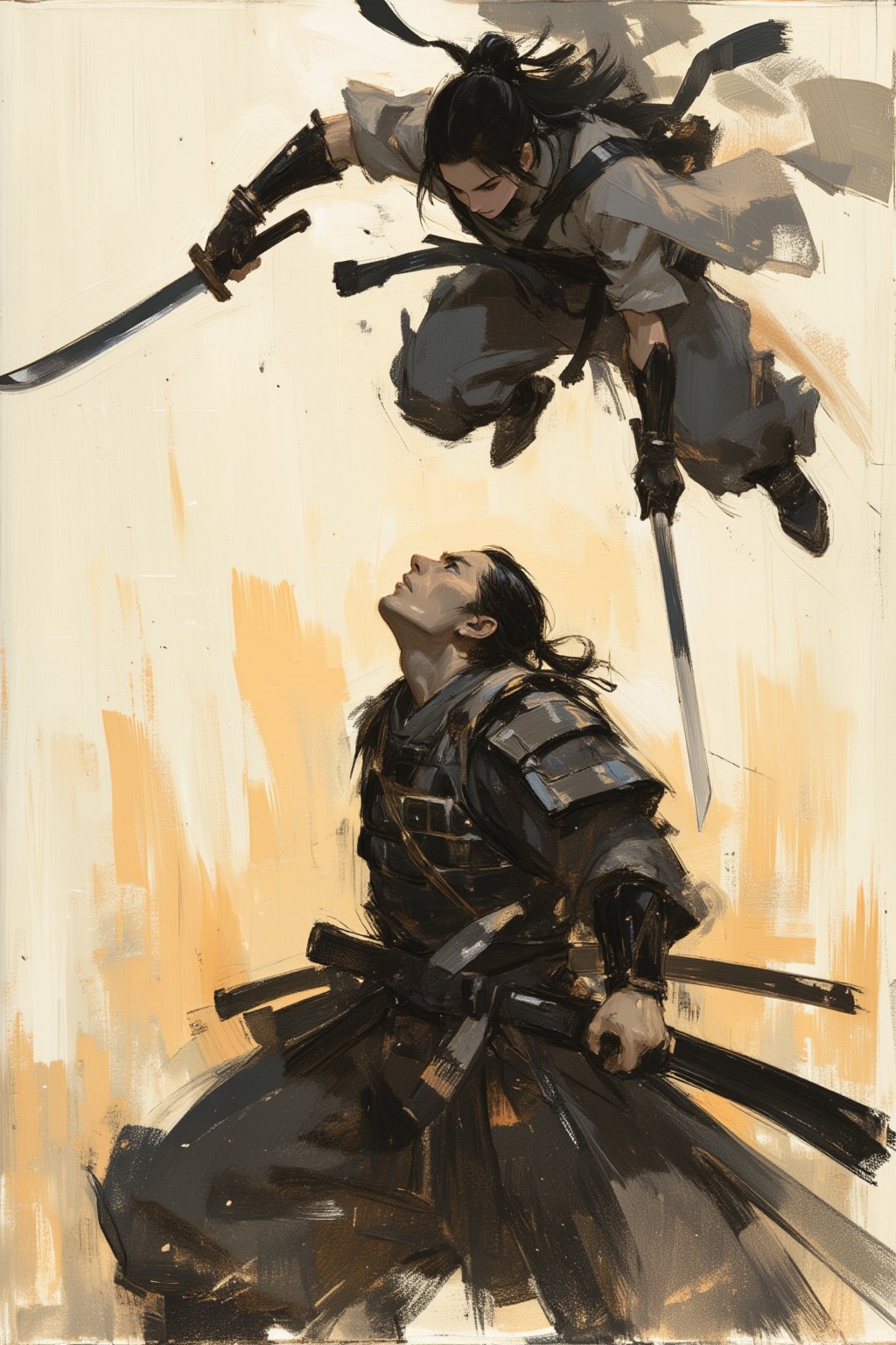 sketch painting. A shot from the ground up. A Samurai lifting his head upward. Above him, a female ninja is attacking. She holds a short dagger, The scene is illuminated by the soft glow of the setting sun