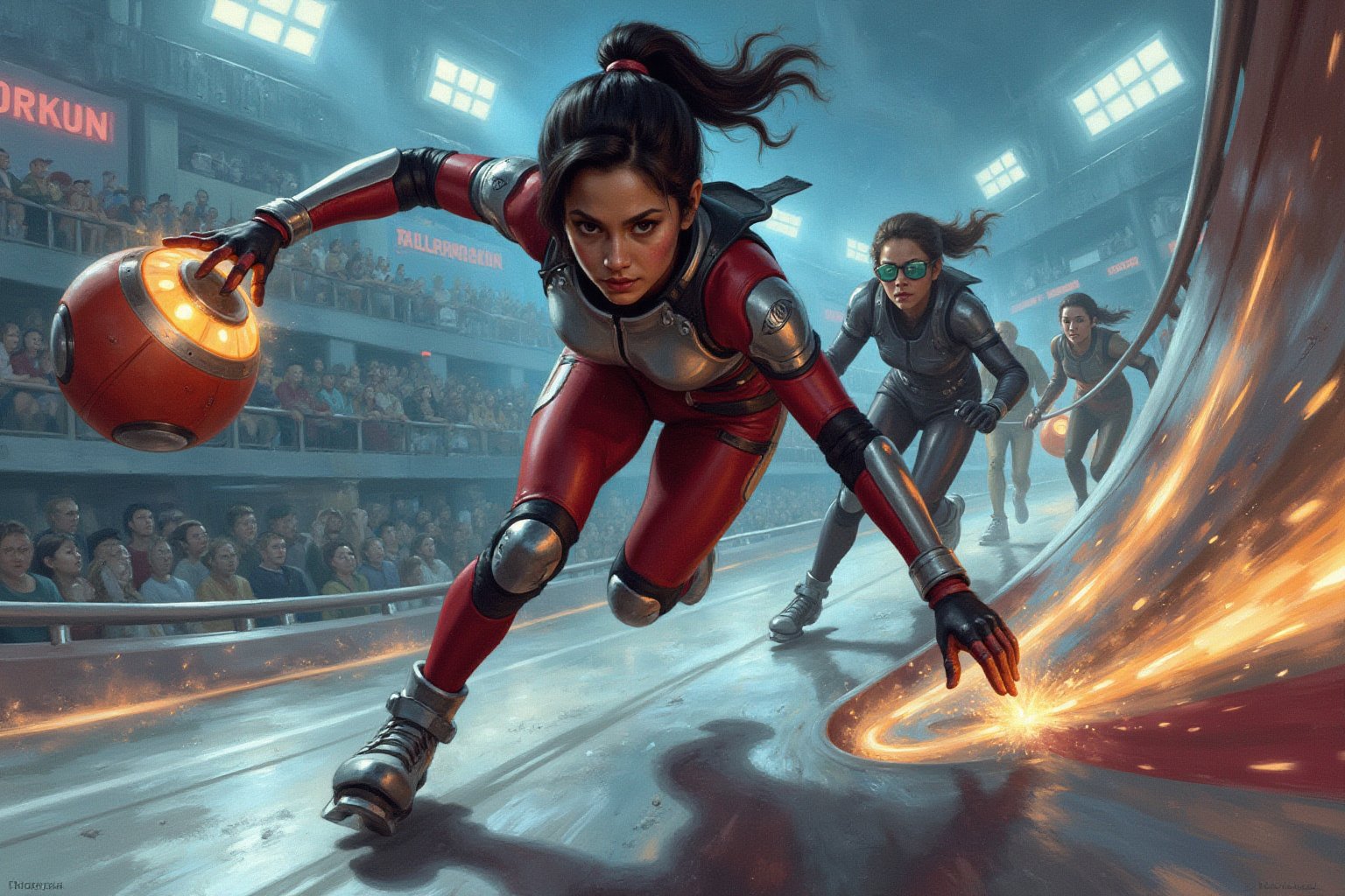 Oil painting. Battle Angel Alita competing in a high-speed Motorball game, similar to Rollerball. Alita, wearing her iconic sleek cyborg armor, races through the winding rollercoaster like Motorball track on rollerblades, gripping the glowing ball like gadget in one hand. Her face is focused and determined, with cybernetic enhancements emphasizing her power and agility. The arena is a high-tech, metallic environment with neon lights, massive crowds, and a gritty, industrial vibe. In the background, other cybernetic players chase after her, each equipped with various mechanical enhancements designed for speed and combat. Sparks fly from Alita's blades as she speeds around a sharp curve, with the atmosphere of the scene reflecting the intensity, competition, and danger of the Motorball game. The overall aesthetic is bold, dynamic, and futuristic, with a mix of cyberpunk elements and action-packed energy 