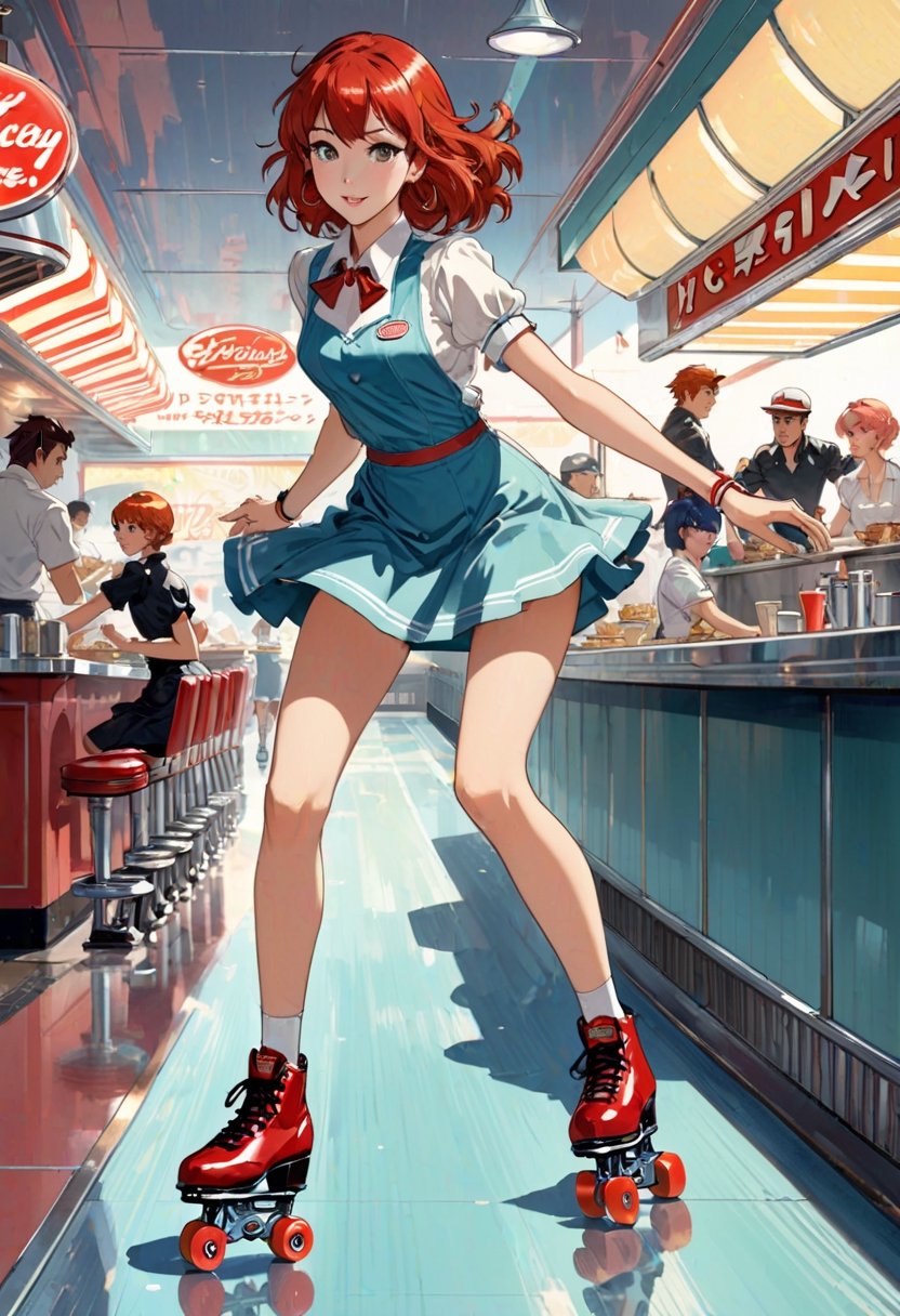 Anime art,  Waitress,  red head by NowhereManGo on Tensor.Art