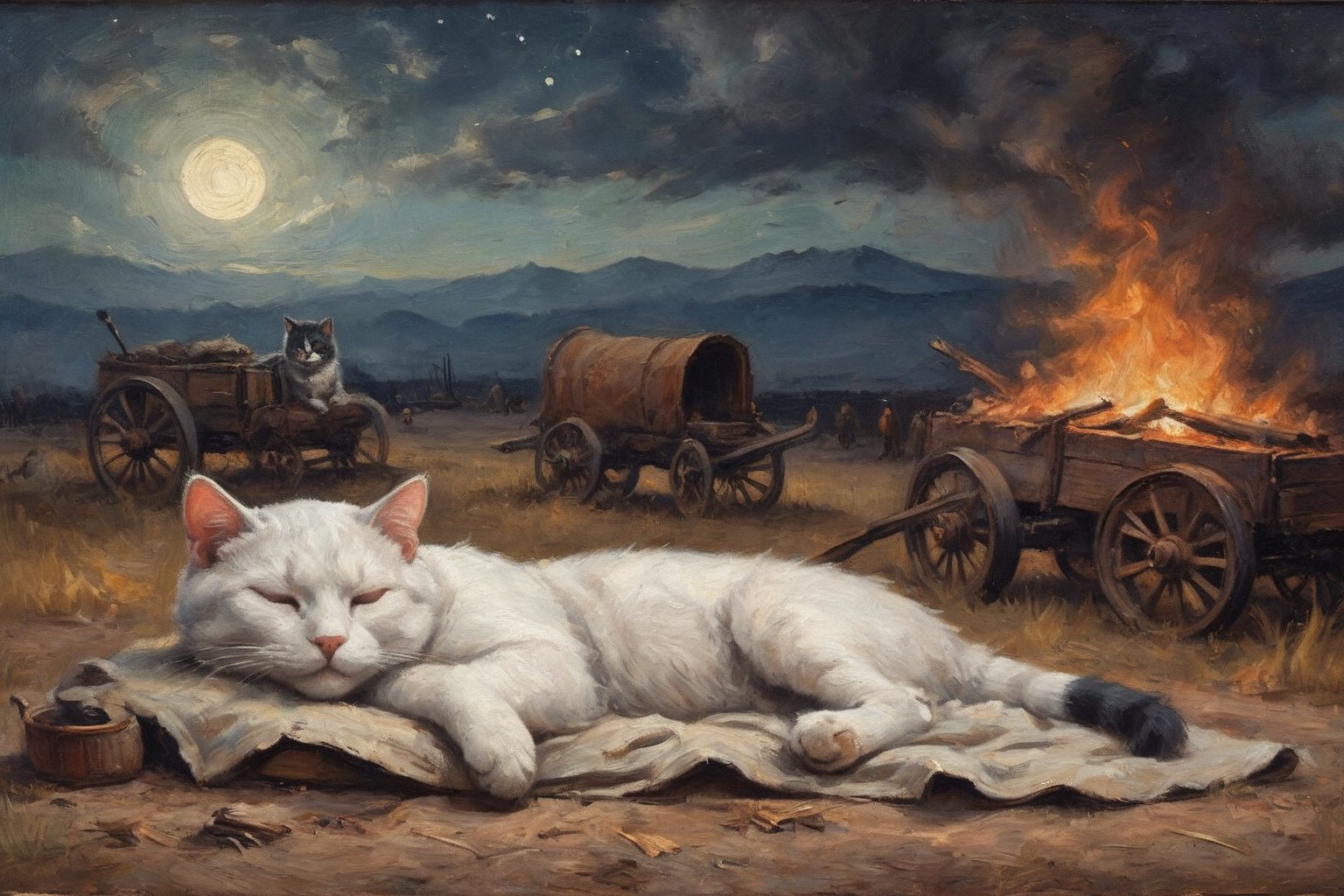 Oil painting. sleeping cat, napping under a blanket, eyes closed, night scene, beside a bonfire and an abandoned wagon, old west,painting