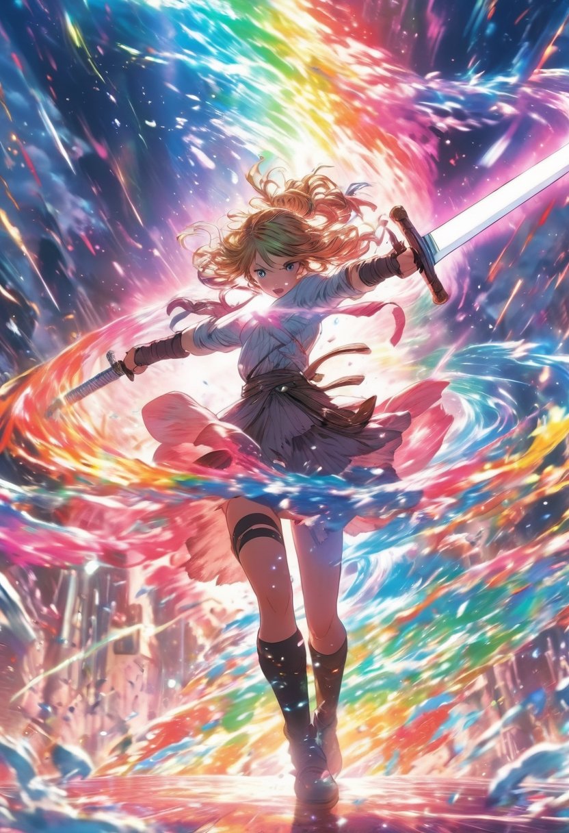 Anime artwork. Girl pull a giant sword from the ground, rainbow-colored energy swirling around her