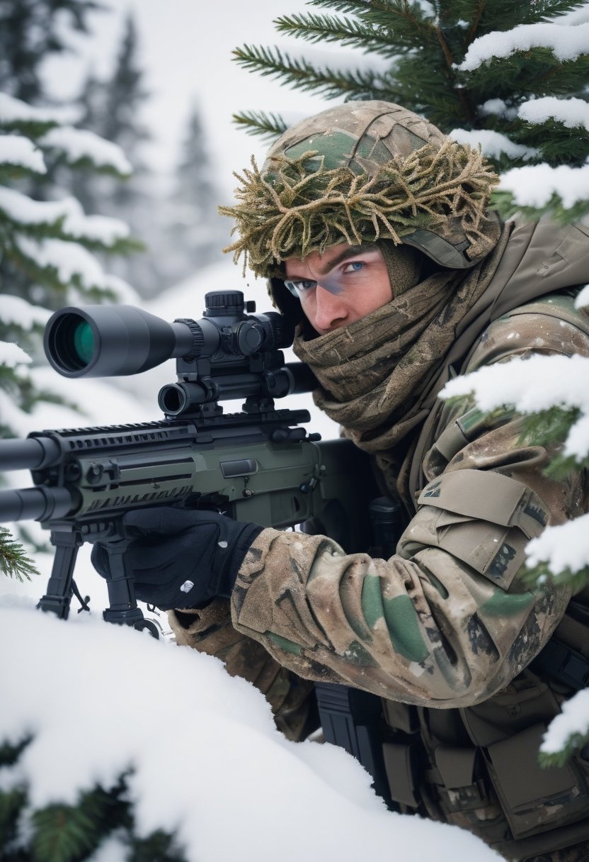 A sniper wearing camouflage made of Christmas tree with LED light as,  hiding in the snow by NowhereManGo on Tensor.Art