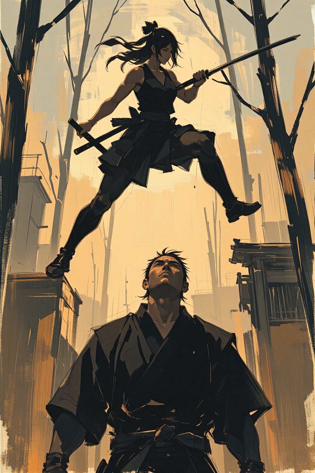 sketch painting. A shot from the ground up. A Samurai lifting his head upward. Above him, a female ninja is attacking. She holds a long katana, The scene is illuminated by the soft glow of the setting sun