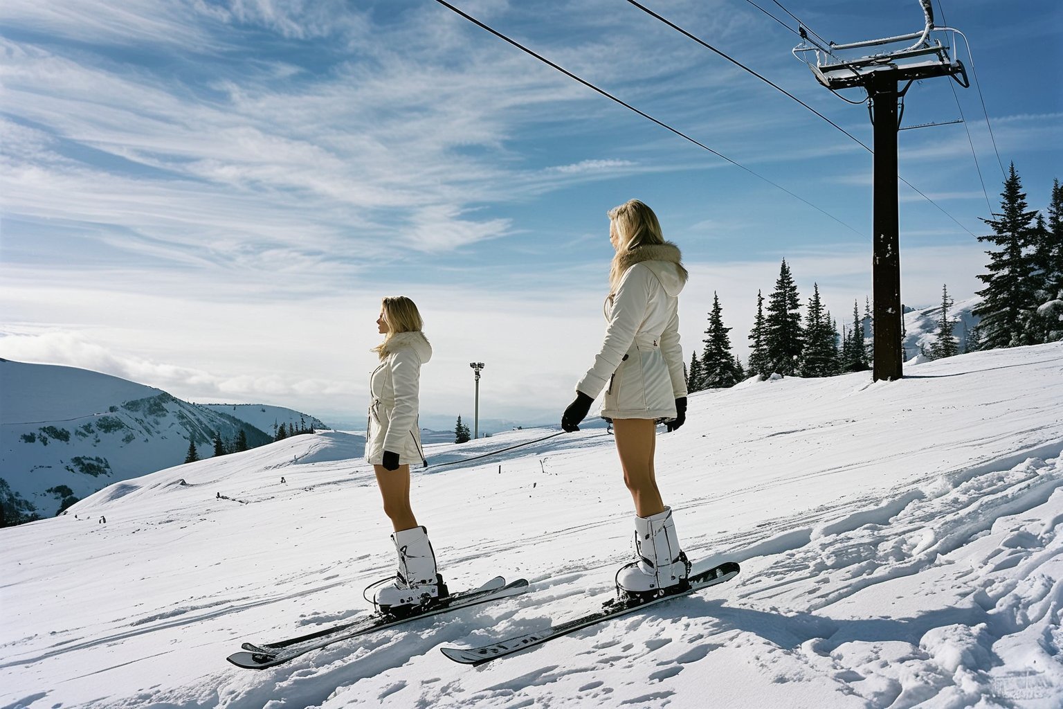  Dutch Angle. Closeup Photo of a blonde woman in white miniskirt standing on top of a snowy hill. Hailing a ski lift with her thumb. Style by J.C. Leyendecker. Canon 5d Mark 4, Kodak Ektar, 35mm 