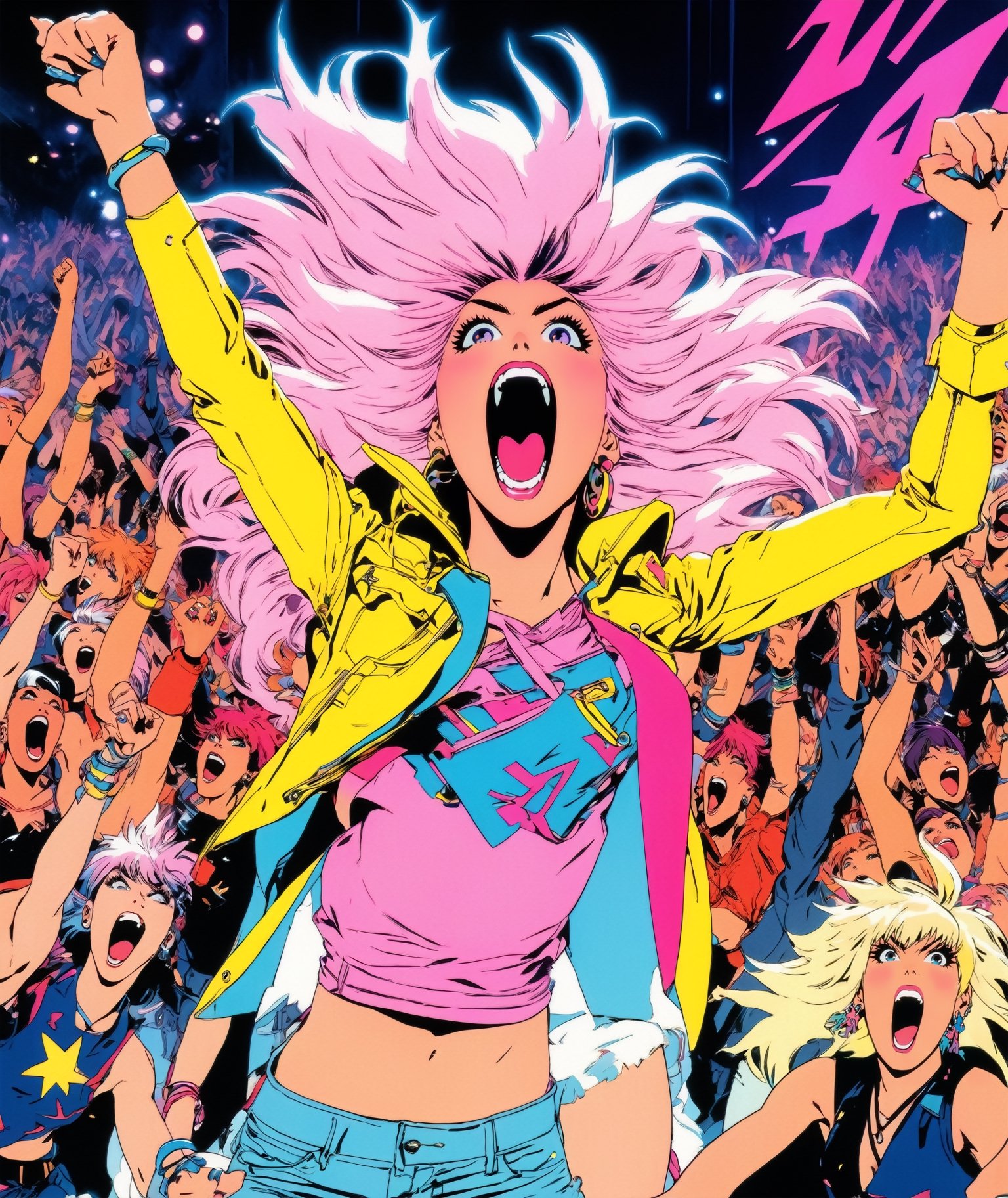 Anime artwork. Photo of Jem and the Holograms,  performing on high on stage,  shot from below. Surrounded by excited by No...