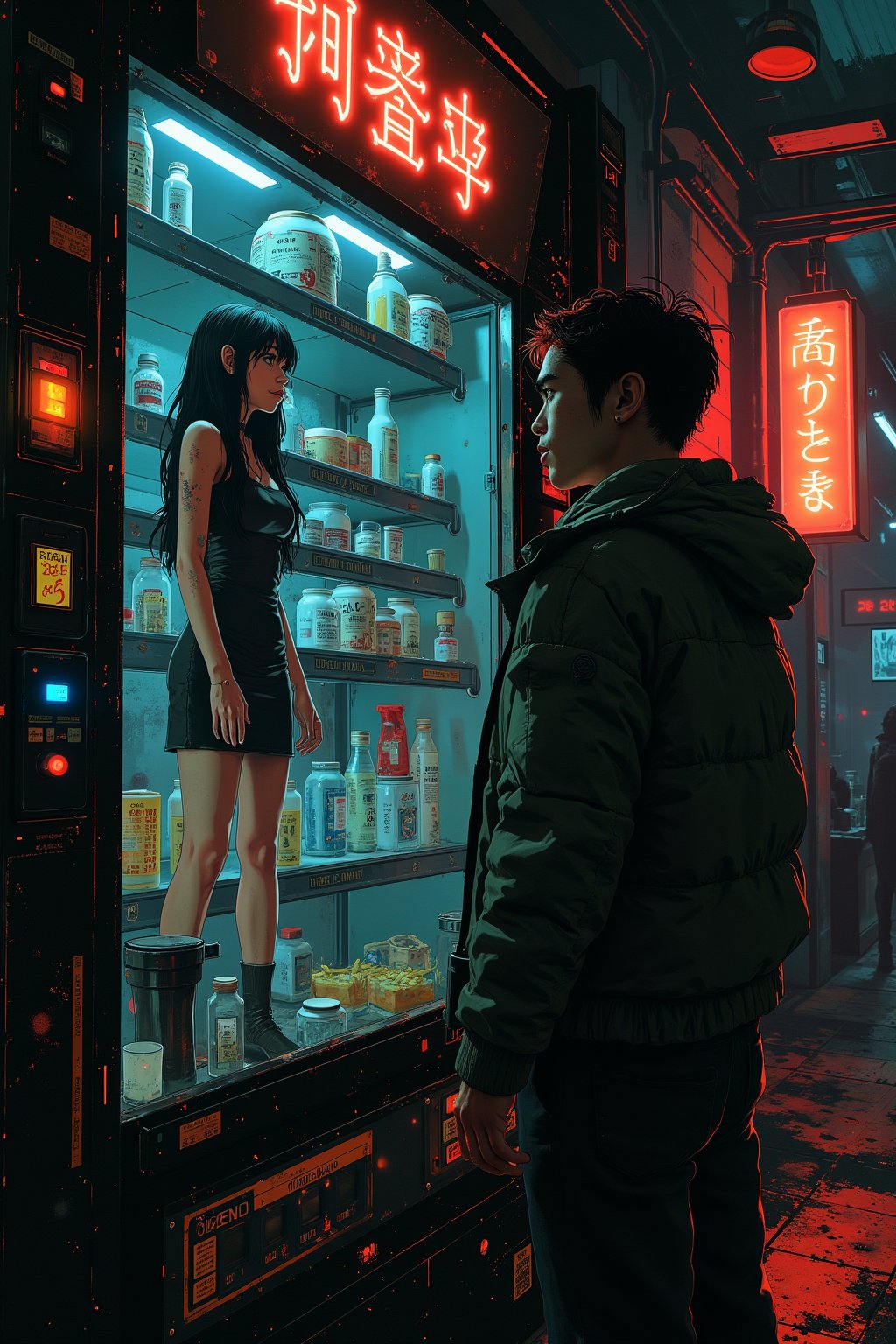 Medium shot photo of a man looking at a futuristic, high-tech vending machine in a neon-lit city, selling Japanese women as companions. All these women have long black hair, wearing a black little dress standing inside one of the vending machine's display compartments, staring. The machine features glowing buttons, digital price tags, and a holographic interface. Bright neon lights reflect off the glass, creating a provocative, dystopian atmosphere. High contrast, cinematic lighting, cyberpunk aesthetics, close-up view, vibrant neon colors.,