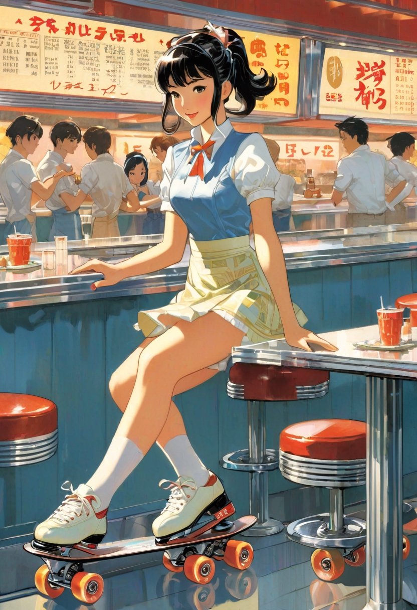 Anime art,  Asian Waitress,  roller skating by NowhereManGo on Tensor.Art
