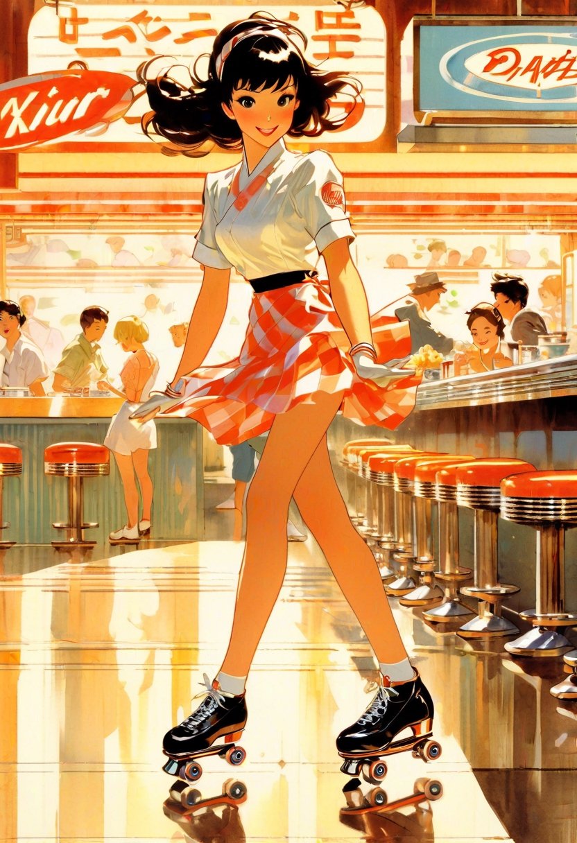 Anime Artwork,  Asian Waitress,  roller skating by NowhereManGo on Tensor.Art