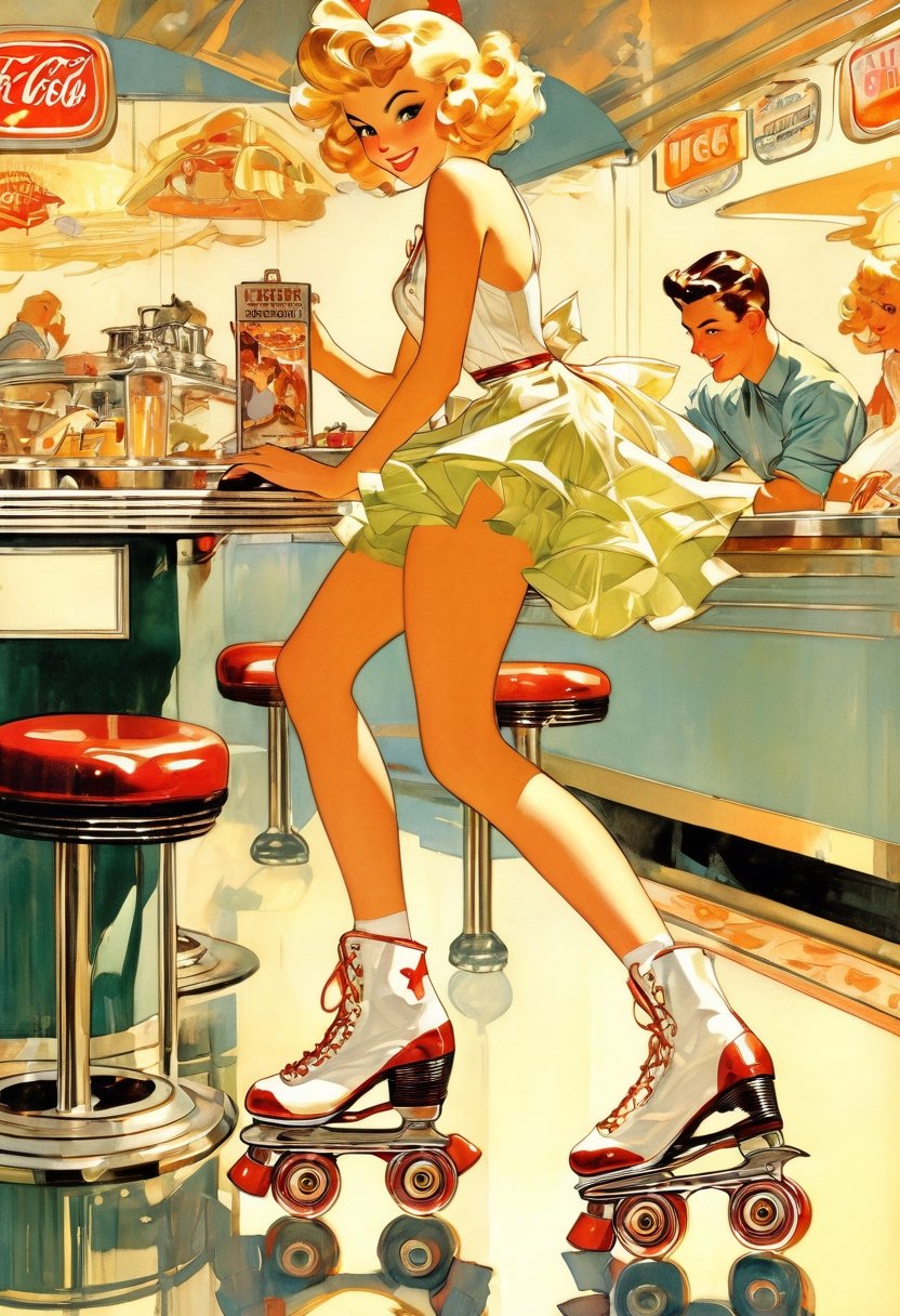Anime artwork,  Waitress,  roller skate by NowhereManGo on Tensor.Art