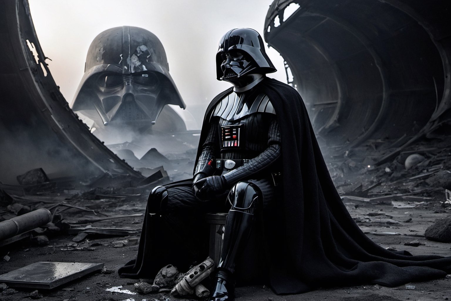 A somber and haunting scene of Darth Vader,  his helmet downcast,  slumped over the lifeless body of a stormtrooper. He si...