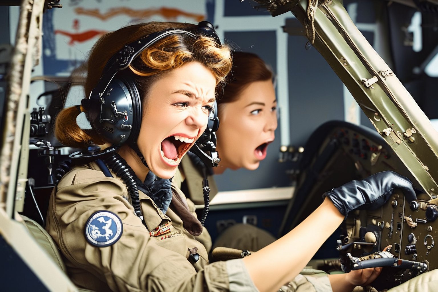 Photo,  Female pilot,  screaming,  inside cockpit,  ww2,  canon 5d mark 4, Kodak ektar,  art by Masamune Shirow,  art by J.C. Leyendecker