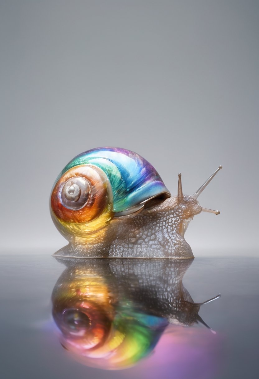 Transparent snail with rainbow colored shell, reflecting colors